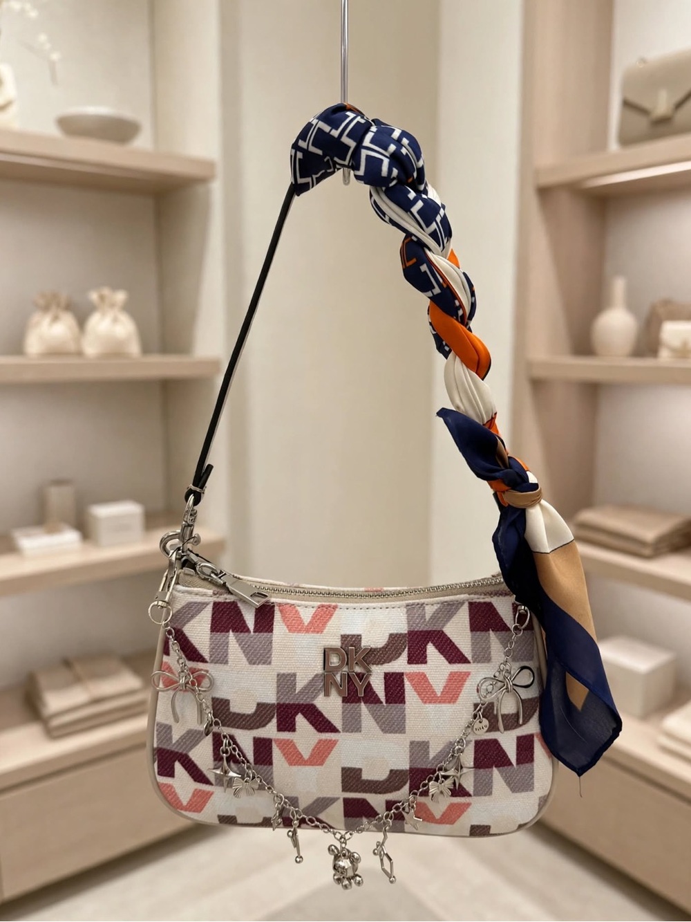 Dkny White Shoulder Bag with Pink & Maroon Logo Print and Braided Scarf Strap